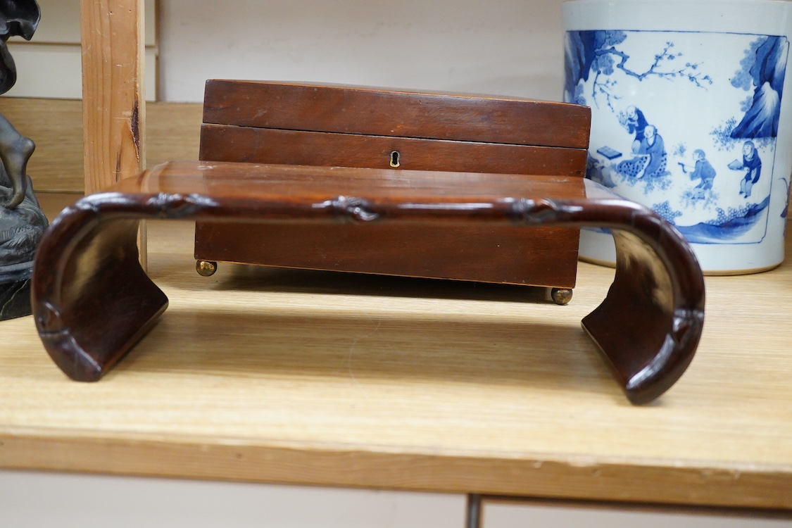 A Chinese padouk wood stand and a Victorian mahogany tea caddy, largest 36cm wide